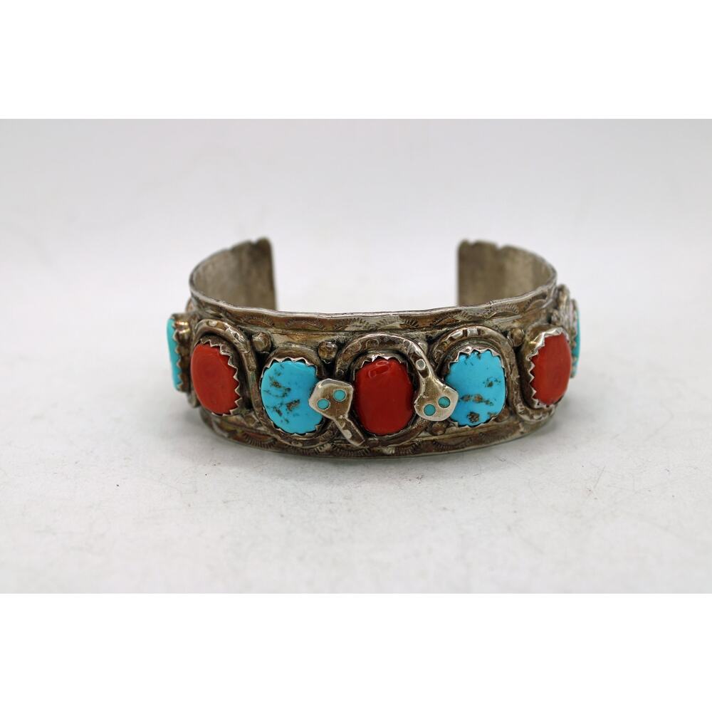 Effie C. Zuni Sterling Silver Turquoise and Coral Snake Cuff Bracelet
